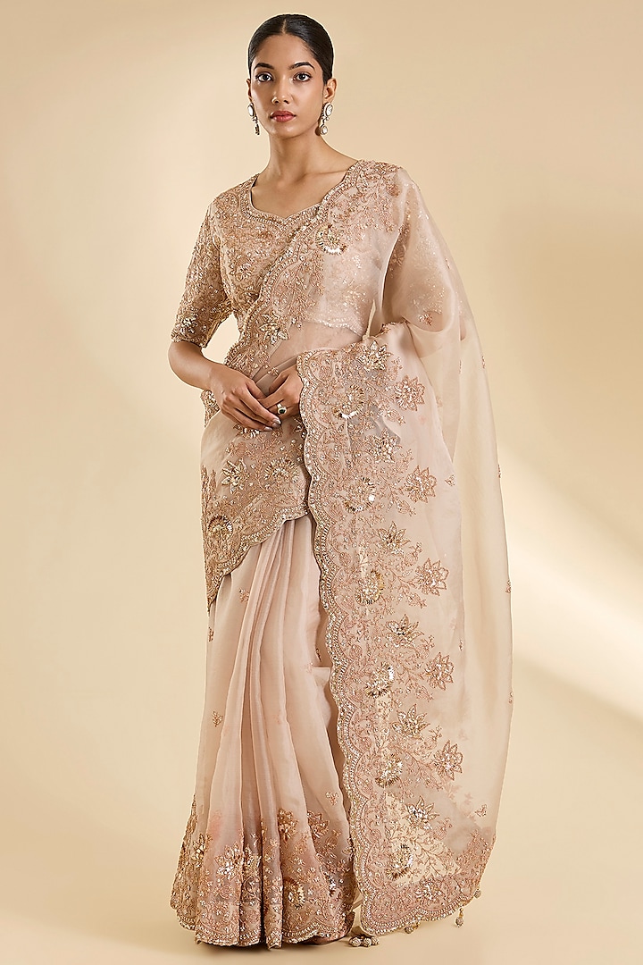 Pearl White Organza Sequins Work Reception Saree Set by SURBHI SHAH at Pernia's Pop Up Shop