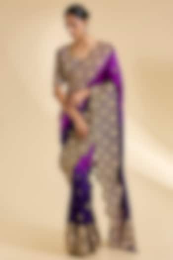 Purple & Magenta Kora Silk Zardosi Work Reception Saree Set by SURBHI SHAH at Pernia's Pop Up Shop