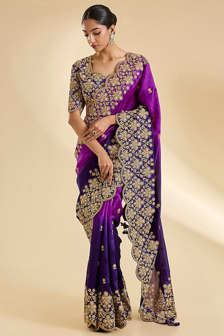 Purple & Magenta Kora Silk Zardosi Work Reception Saree Set by SURBHI SHAH at Pernia's Pop Up Shop