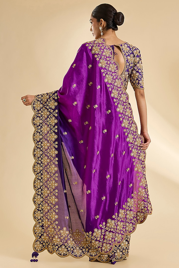 Purple & Magenta Kora Silk Zardosi Work Reception Saree Set by SURBHI SHAH at Pernia's Pop Up Shop