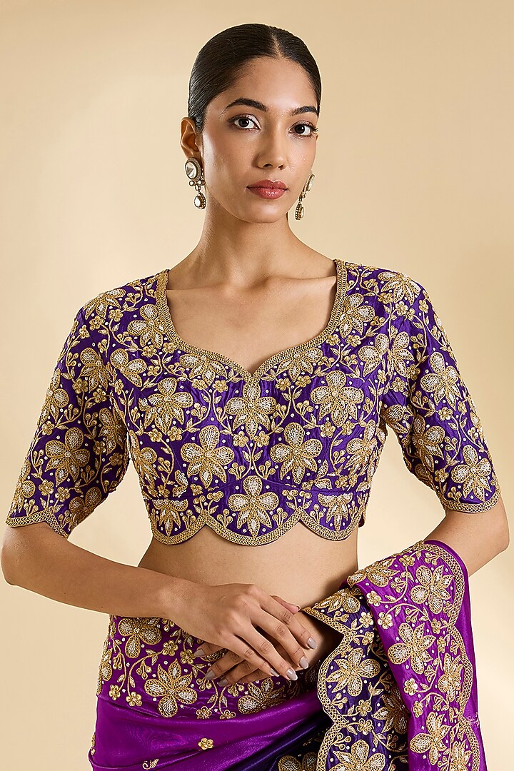 Purple & Magenta Kora Silk Zardosi Work Reception Saree Set by SURBHI SHAH at Pernia's Pop Up Shop