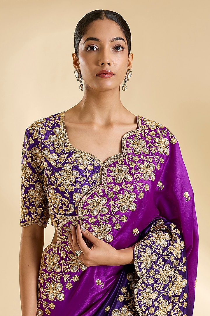 Purple & Magenta Kora Silk Zardosi Work Reception Saree Set by SURBHI SHAH at Pernia's Pop Up Shop