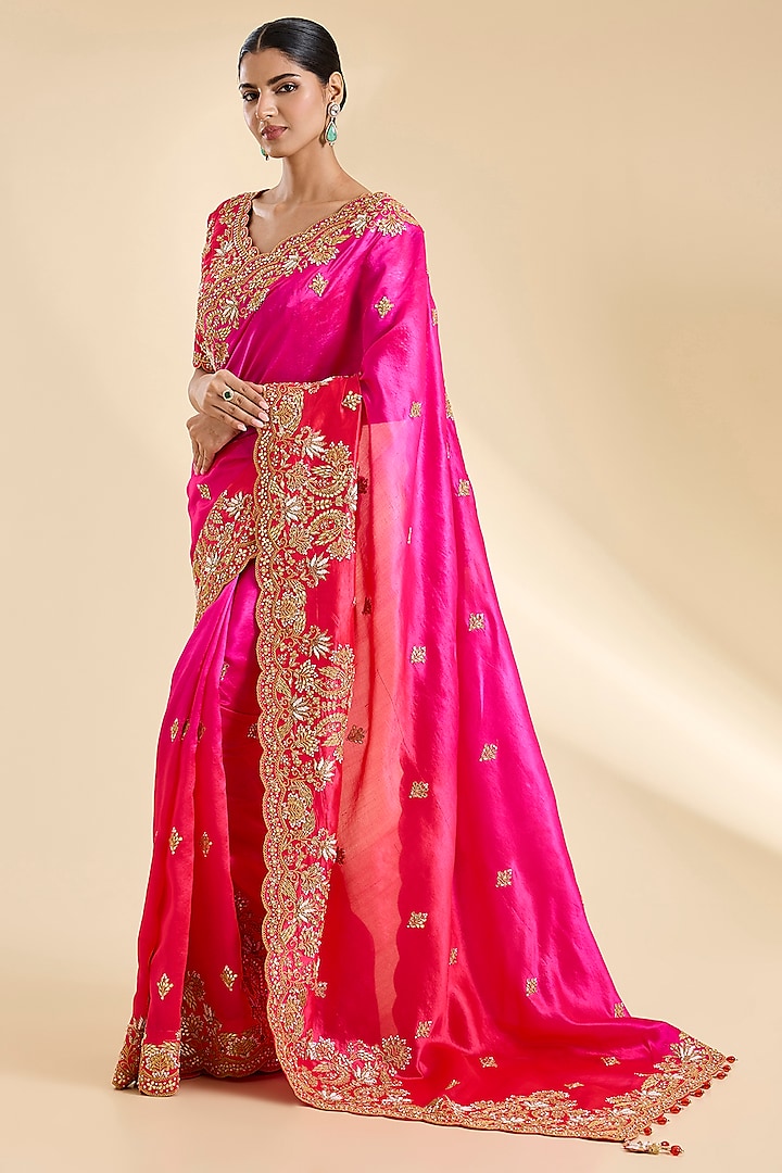 Red & Rani Pink Kora Silk Zardosi Work Reception Saree Set by SURBHI SHAH at Pernia's Pop Up Shop
