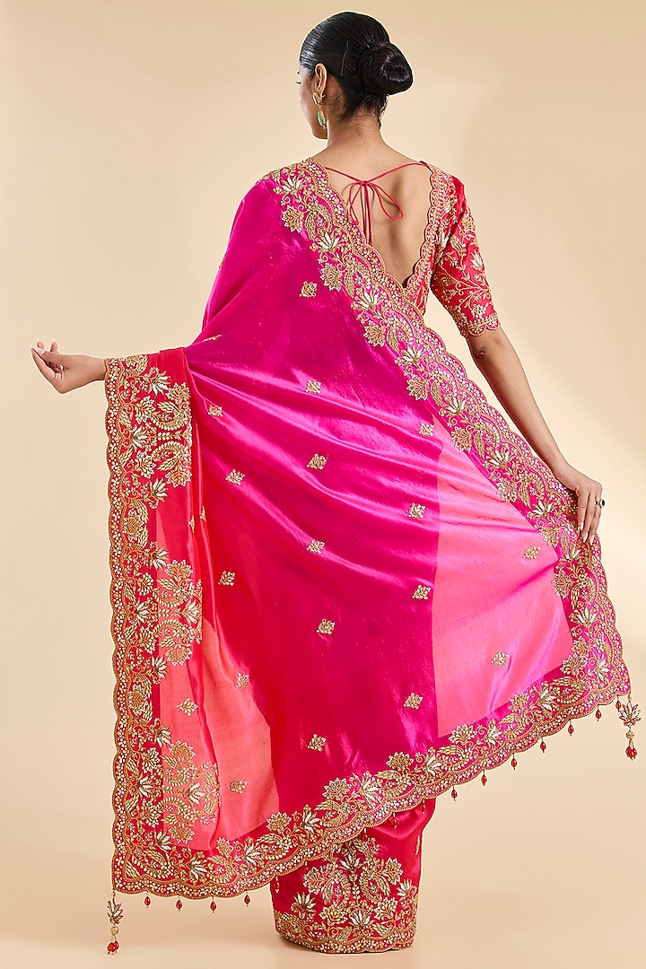 Red & Rani Pink Kora Silk Zardosi Work Reception Saree Set by SURBHI SHAH at Pernia's Pop Up Shop