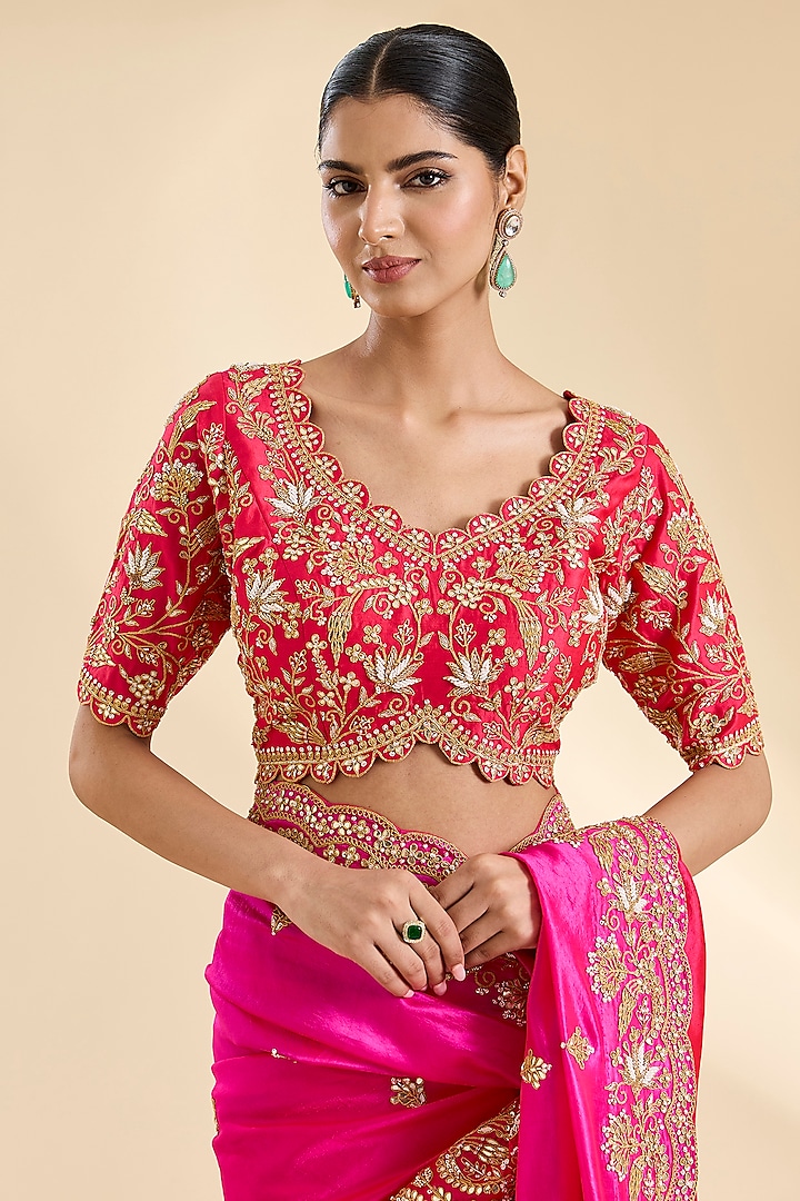 Red & Rani Pink Kora Silk Zardosi Work Reception Saree Set by SURBHI SHAH at Pernia's Pop Up Shop