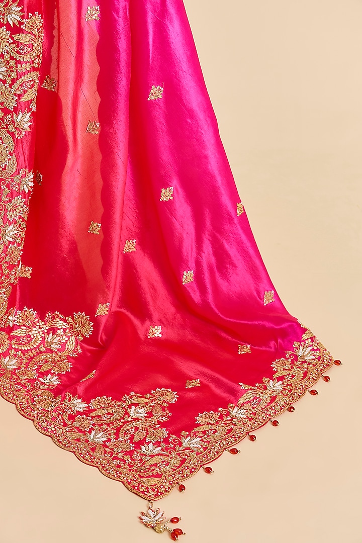 Red & Rani Pink Kora Silk Zardosi Work Reception Saree Set by SURBHI SHAH at Pernia's Pop Up Shop