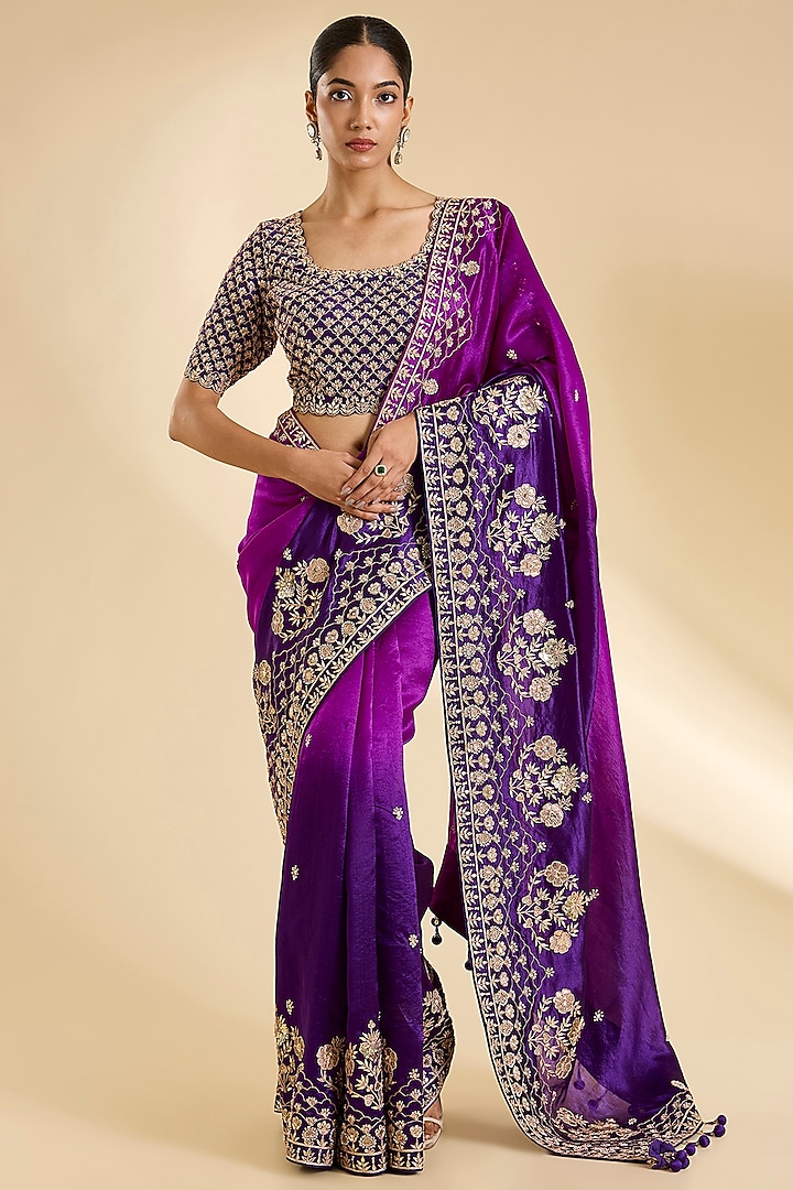 Purple & Magenta Kora Silk Marori Work Reception Saree Set by SURBHI SHAH at Pernia's Pop Up Shop