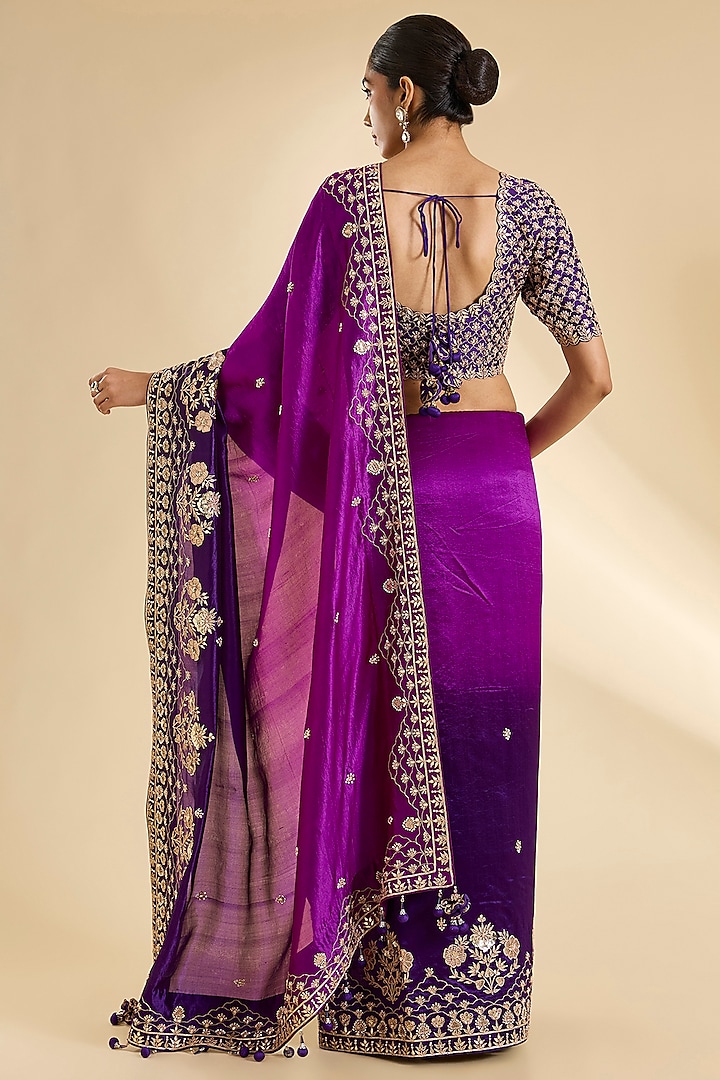 Purple & Magenta Kora Silk Marori Work Reception Saree Set by SURBHI SHAH at Pernia's Pop Up Shop