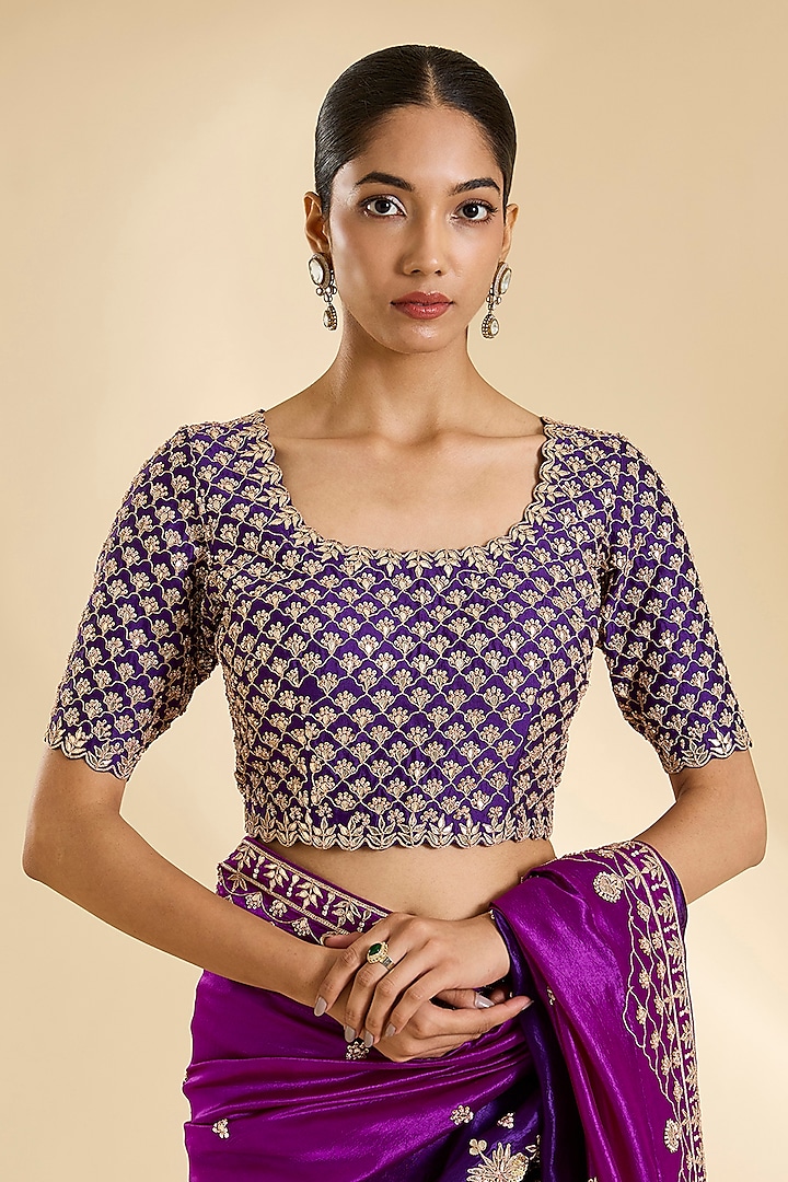 Purple & Magenta Kora Silk Marori Work Reception Saree Set by SURBHI SHAH at Pernia's Pop Up Shop