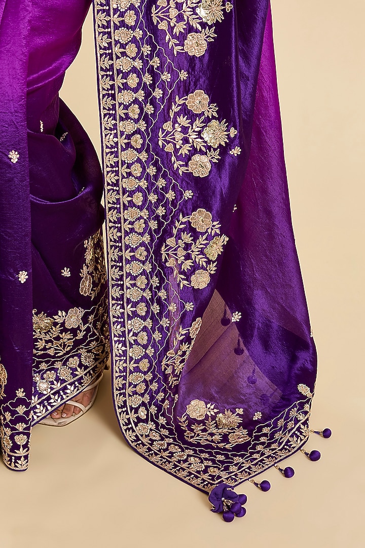 Purple & Magenta Kora Silk Marori Work Reception Saree Set by SURBHI SHAH at Pernia's Pop Up Shop