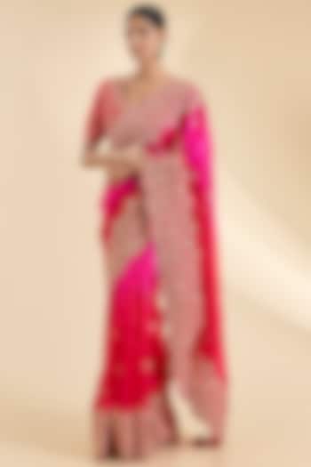 Red & Rani Pink Kora Silk Gota Patti Work Reception Saree Set by SURBHI SHAH at Pernia's Pop Up Shop