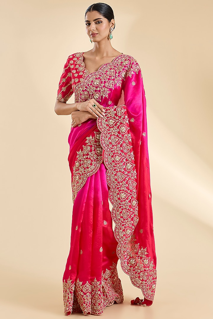 Red & Rani Pink Kora Silk Gota Patti Work Reception Saree Set by SURBHI SHAH at Pernia's Pop Up Shop