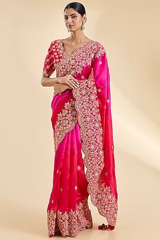 Red & Rani Pink Kora Silk Gota Patti Work Saree Set by SURBHI SHAH