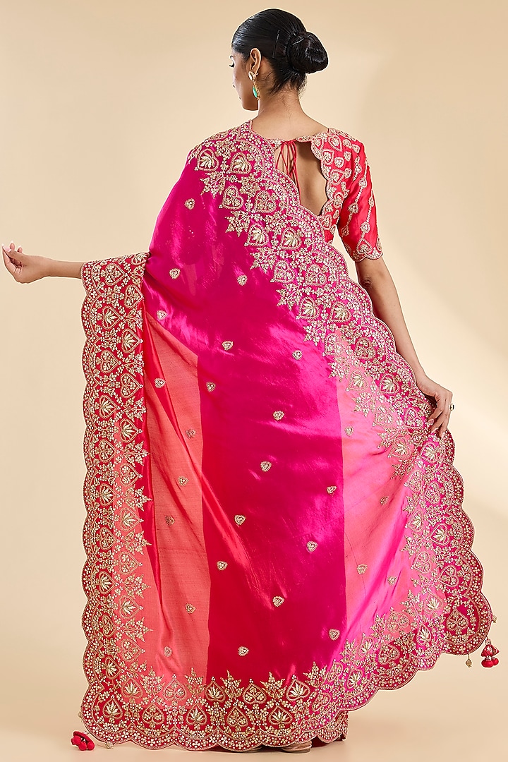 Red & Rani Pink Kora Silk Gota Patti Work Reception Saree Set by SURBHI SHAH at Pernia's Pop Up Shop