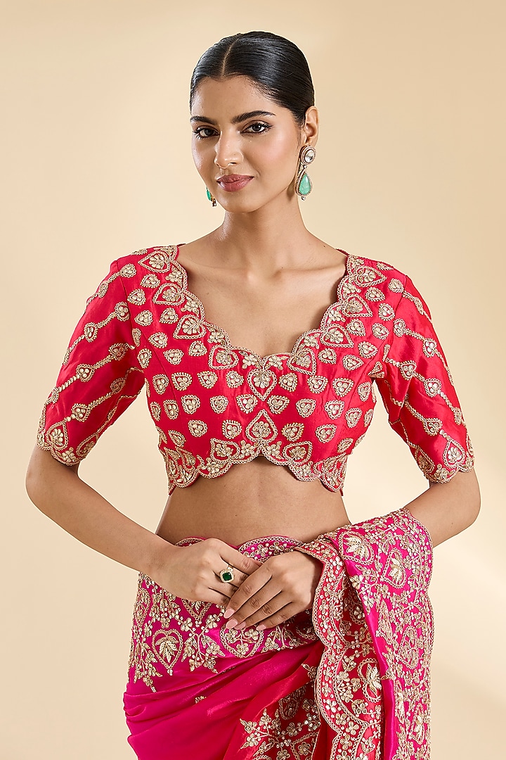Red & Rani Pink Kora Silk Gota Patti Work Reception Saree Set by SURBHI SHAH at Pernia's Pop Up Shop