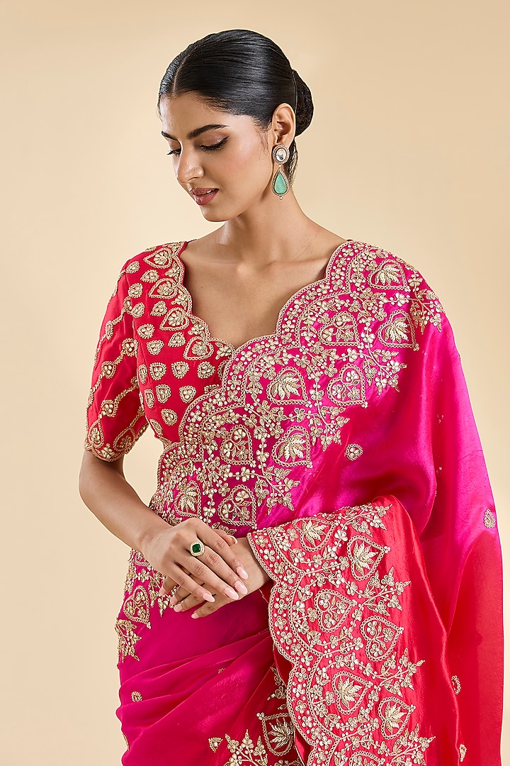 Red & Rani Pink Kora Silk Gota Patti Work Reception Saree Set by SURBHI SHAH at Pernia's Pop Up Shop
