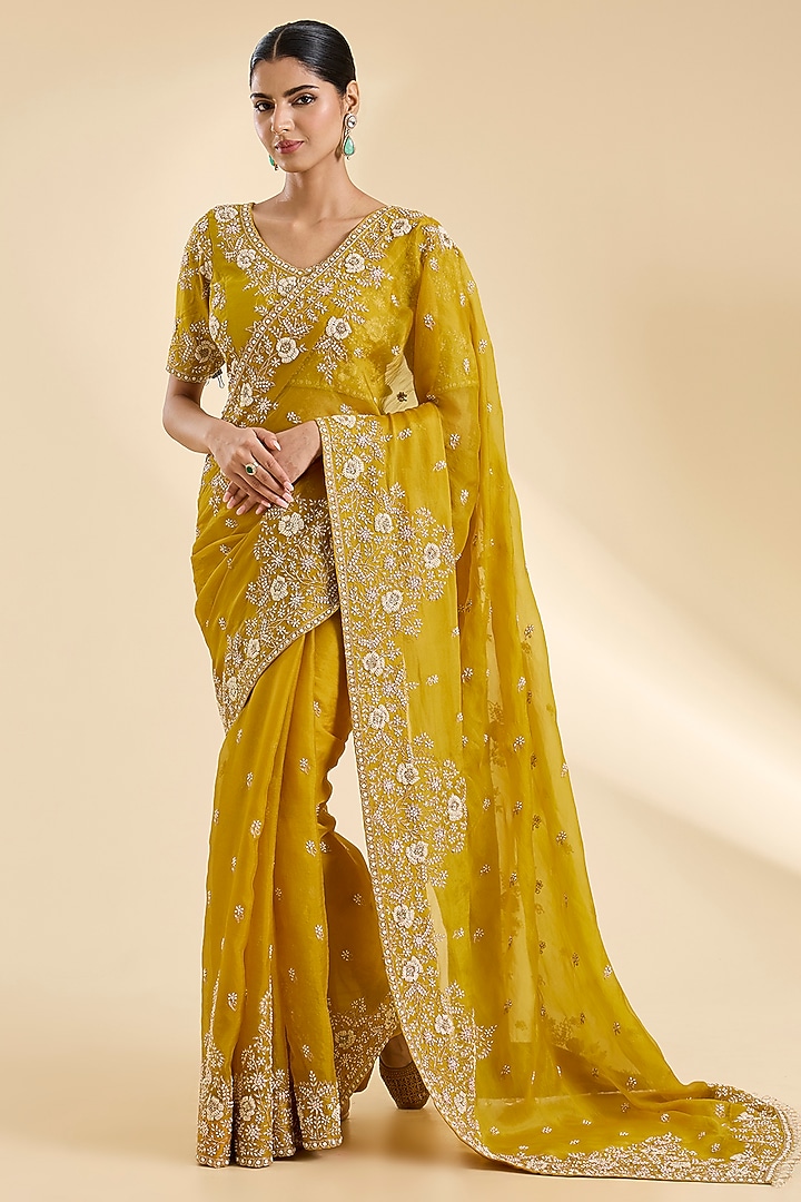Mustard Organza Pearl Work Reception Saree Set by SURBHI SHAH at Pernia's Pop Up Shop