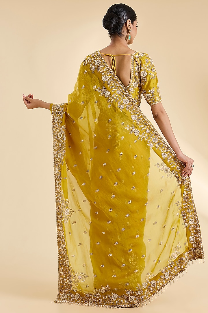 Mustard Organza Pearl Work Reception Saree Set by SURBHI SHAH at Pernia's Pop Up Shop