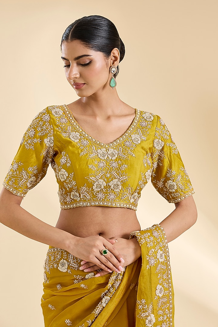 Mustard Organza Pearl Work Reception Saree Set by SURBHI SHAH at Pernia's Pop Up Shop