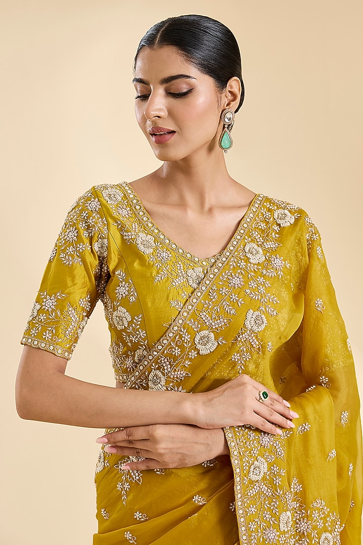 Mustard Organza Pearl Work Reception Saree Set by SURBHI SHAH at Pernia's Pop Up Shop