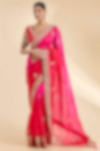 Strawberry Red & Hot Pink Organza Marori Work Reception Saree Set by SURBHI SHAH at Pernia's Pop Up Shop