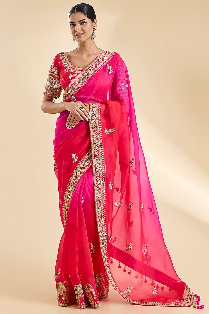 Strawberry Red & Hot Pink Organza Marori Work Reception Saree Set by SURBHI SHAH at Pernia's Pop Up Shop