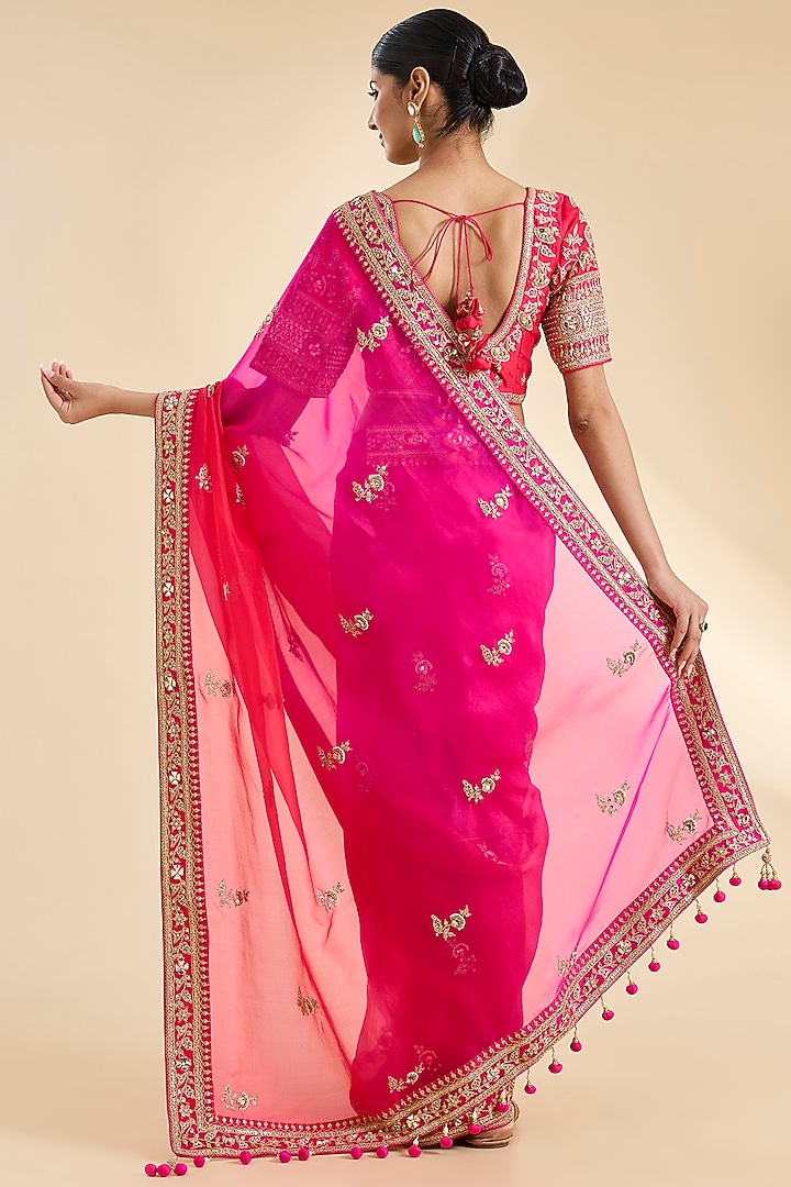 Strawberry Red & Hot Pink Organza Marori Work Reception Saree Set by SURBHI SHAH at Pernia's Pop Up Shop