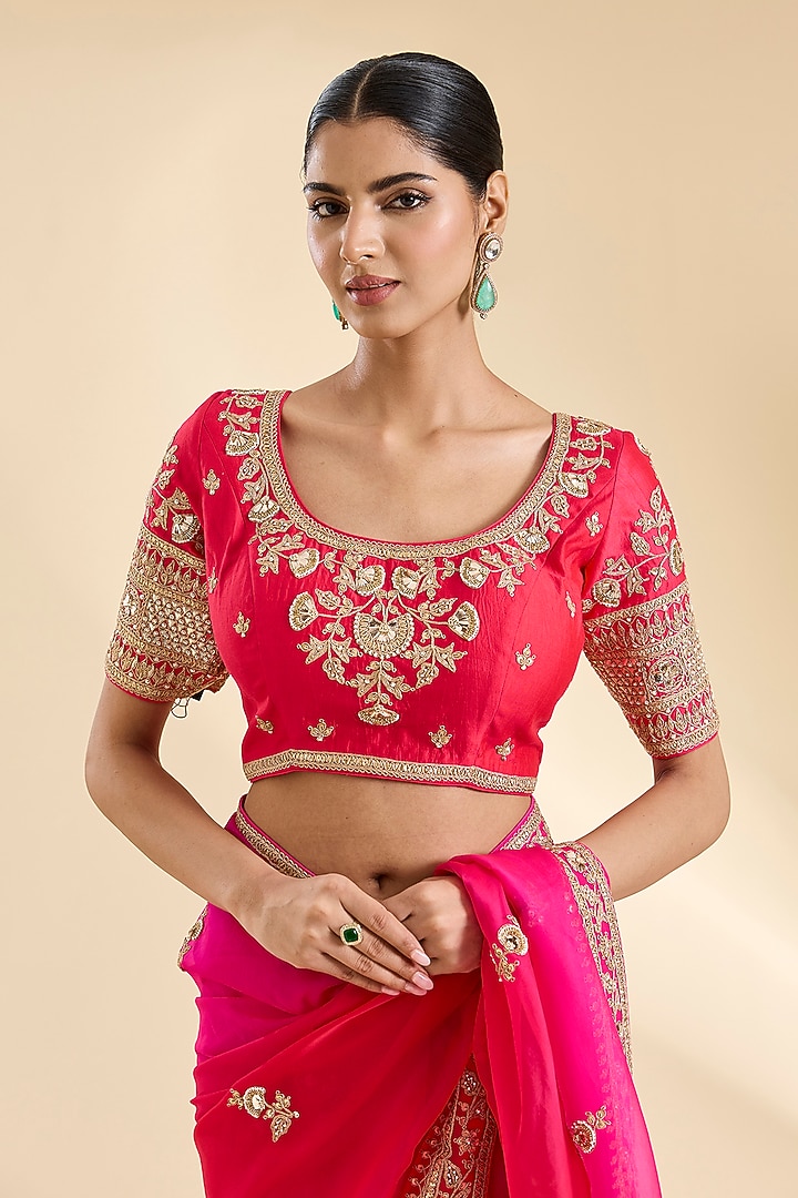 Strawberry Red & Hot Pink Organza Marori Work Reception Saree Set by SURBHI SHAH at Pernia's Pop Up Shop