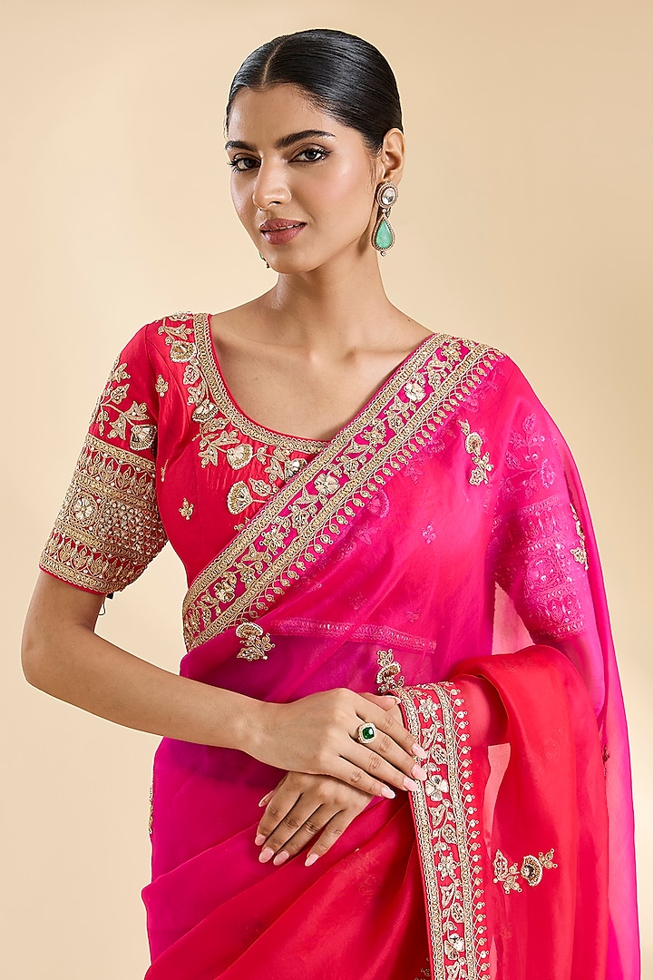 Strawberry Red & Hot Pink Organza Marori Work Reception Saree Set by SURBHI SHAH at Pernia's Pop Up Shop