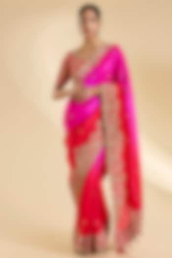 Red & Rani Pinik Kora Silk Marori Work Reception Saree Set by SURBHI SHAH at Pernia's Pop Up Shop