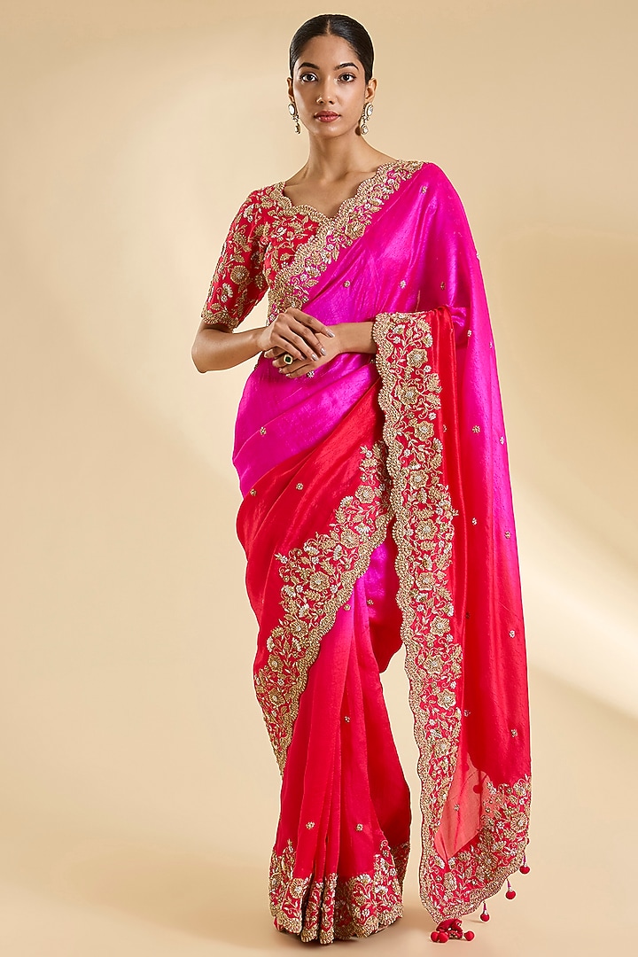 Red & Rani Pinik Kora Silk Marori Work Reception Saree Set by SURBHI SHAH at Pernia's Pop Up Shop