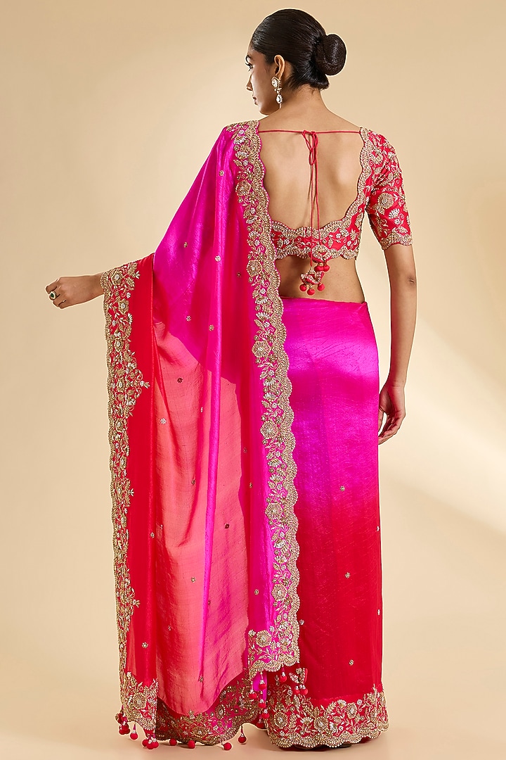 Red & Rani Pinik Kora Silk Marori Work Reception Saree Set by SURBHI SHAH at Pernia's Pop Up Shop