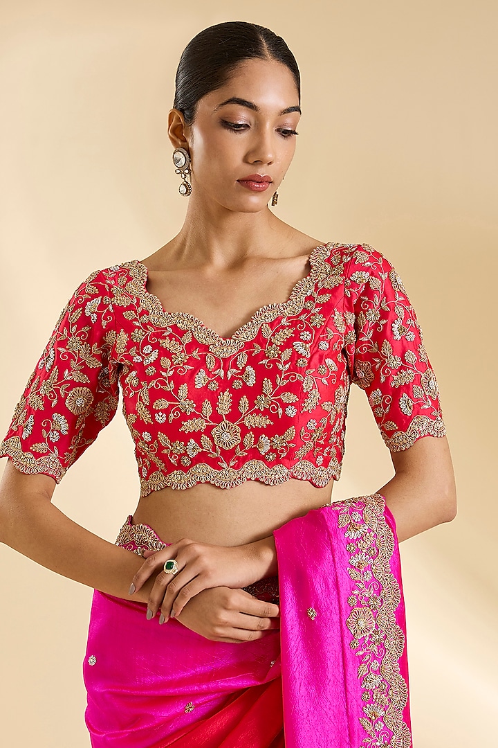 Red & Rani Pinik Kora Silk Marori Work Reception Saree Set by SURBHI SHAH at Pernia's Pop Up Shop