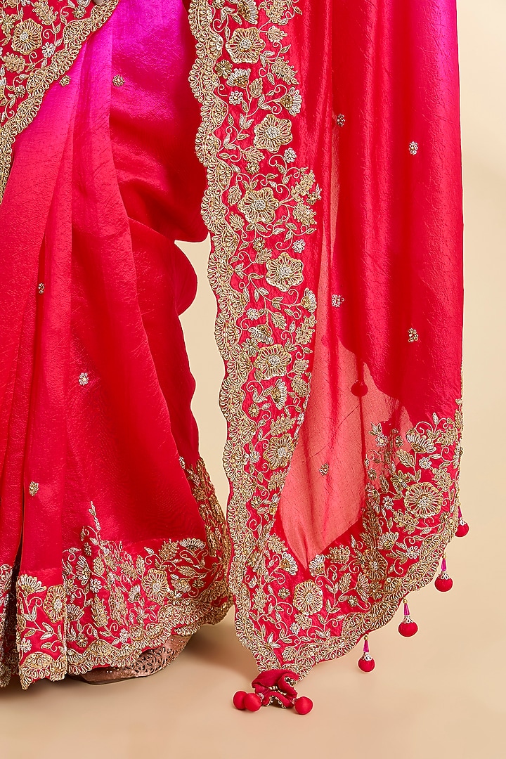 Red & Rani Pinik Kora Silk Marori Work Reception Saree Set by SURBHI SHAH at Pernia's Pop Up Shop