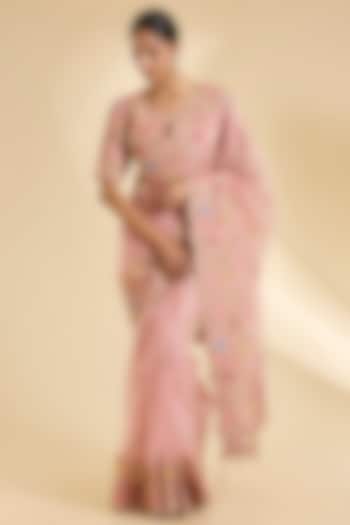 Powder Pink Organza Resham Work Reception Saree Set by SURBHI SHAH at Pernia's Pop Up Shop