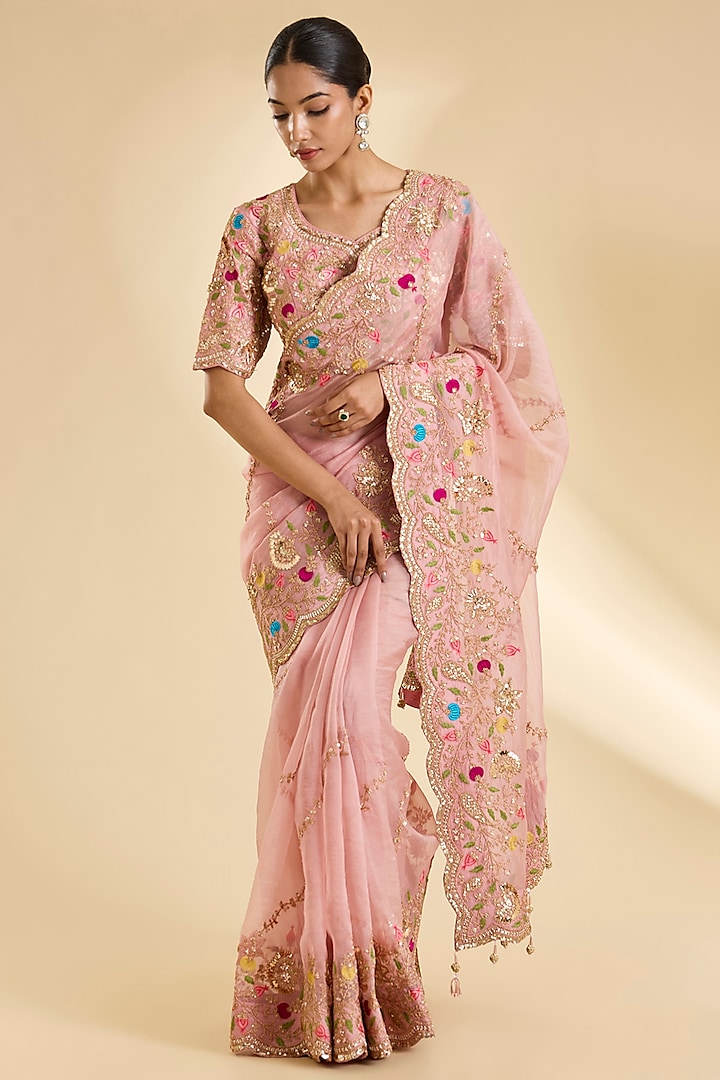 Powder Pink Organza Resham Work Reception Saree Set by SURBHI SHAH at Pernia's Pop Up Shop