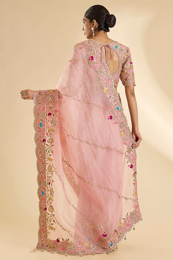 Powder Pink Organza Resham Work Reception Saree Set by SURBHI SHAH at Pernia's Pop Up Shop