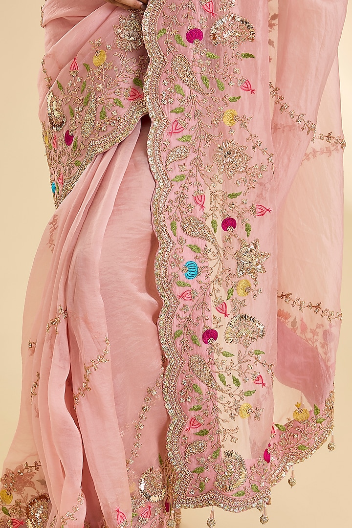Powder Pink Organza Resham Work Reception Saree Set by SURBHI SHAH at Pernia's Pop Up Shop