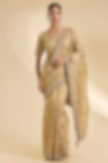 Deep Golden Tissue Zardosi Work Reception Saree Set by SURBHI SHAH at Pernia's Pop Up Shop