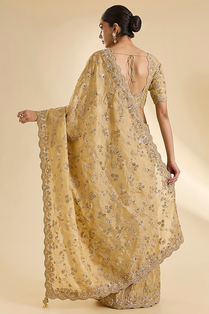 Deep Golden Tissue Zardosi Work Reception Saree Set by SURBHI SHAH at Pernia's Pop Up Shop