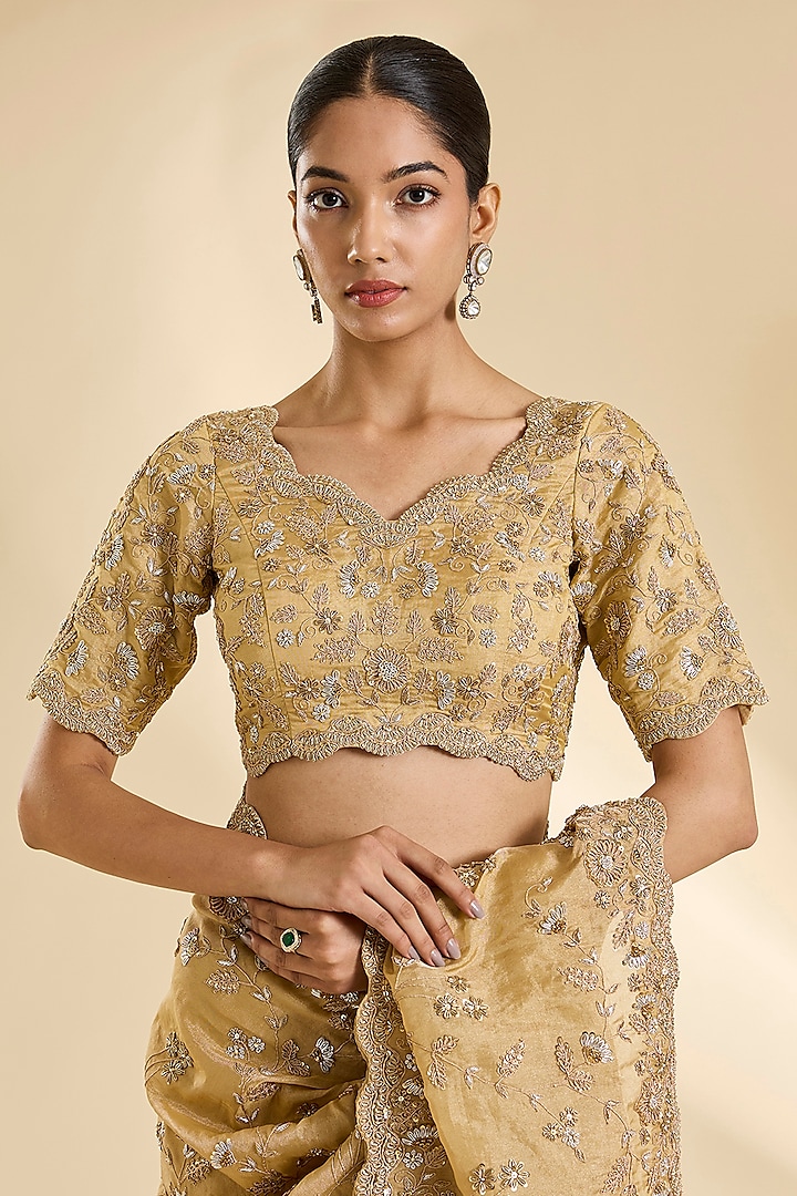 Deep Golden Tissue Zardosi Work Reception Saree Set by SURBHI SHAH at Pernia's Pop Up Shop