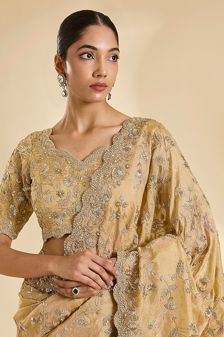 Deep Golden Tissue Zardosi Work Reception Saree Set by SURBHI SHAH at Pernia's Pop Up Shop