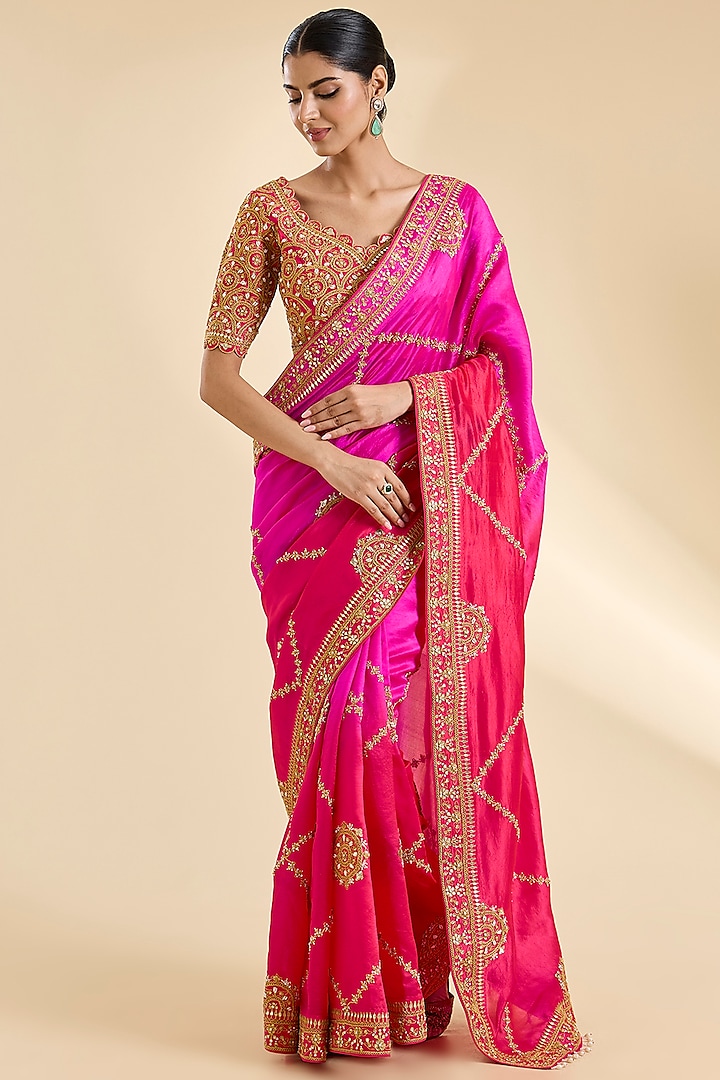 Red & Rani Kora Silk Marori Work Reception Saree Set by SURBHI SHAH at Pernia's Pop Up Shop