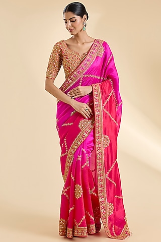 Red & Rani Kora Silk Marori Work Saree Set by SURBHI SHAH