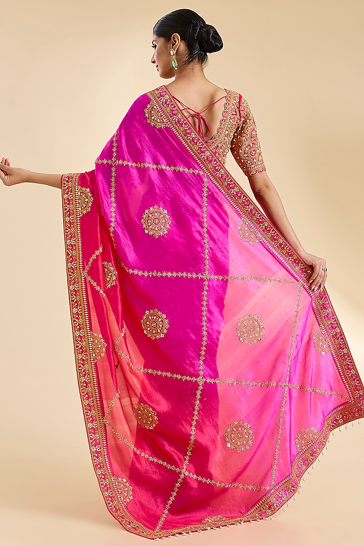 Red & Rani Kora Silk Marori Work Reception Saree Set by SURBHI SHAH at Pernia's Pop Up Shop