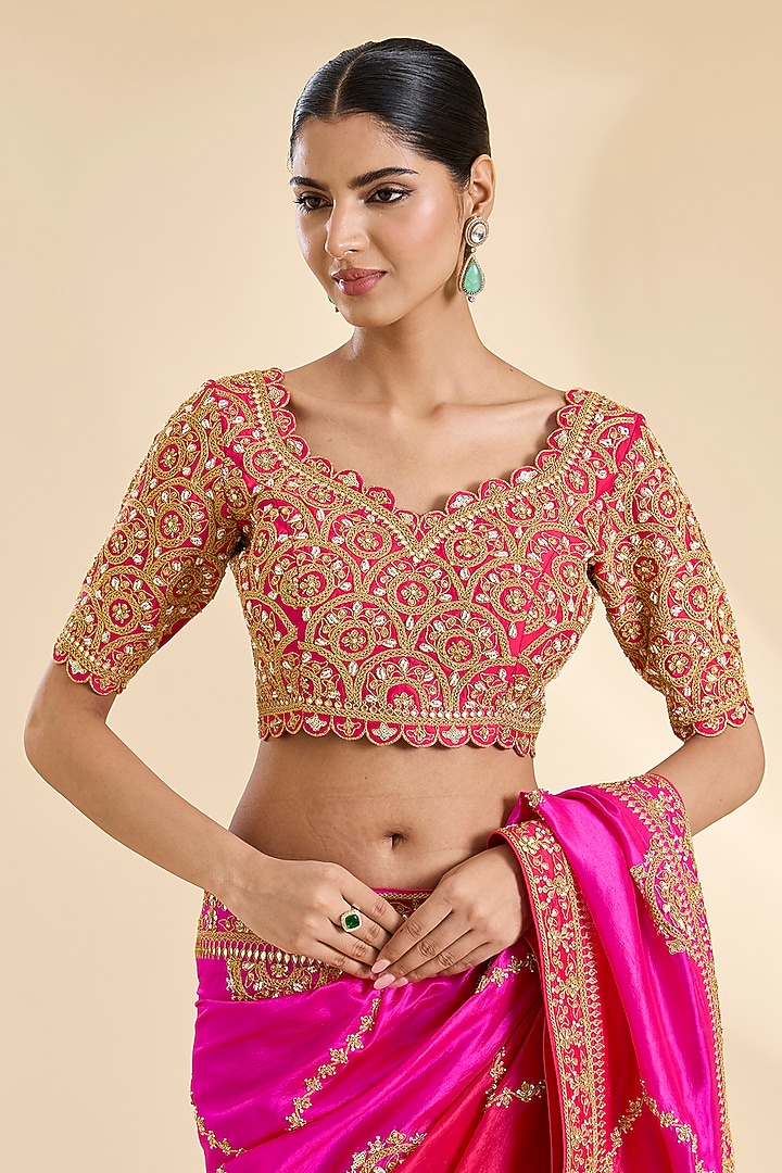 Red & Rani Kora Silk Marori Work Reception Saree Set by SURBHI SHAH at Pernia's Pop Up Shop