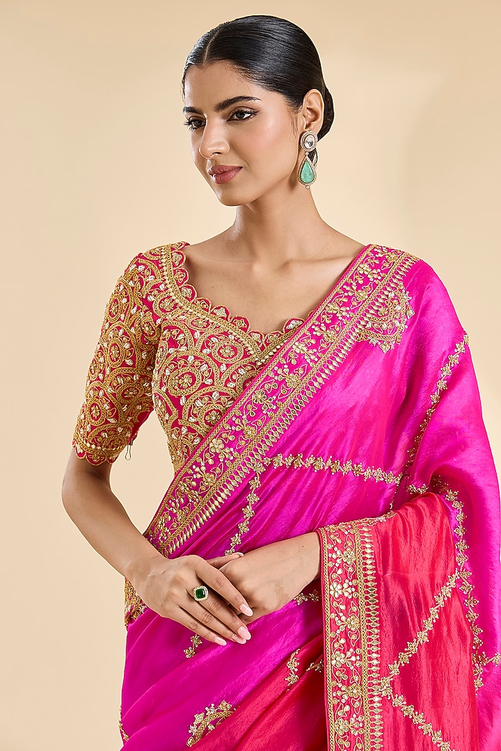Red & Rani Kora Silk Marori Work Reception Saree Set by SURBHI SHAH at Pernia's Pop Up Shop