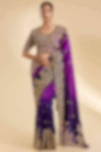 Purple & Magenta Kora Silk Gota-Patti Work Reception Saree Set by SURBHI SHAH at Pernia's Pop Up Shop