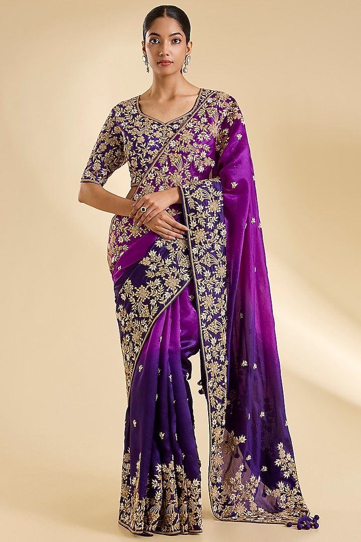 Purple & Magenta Kora Silk Gota-Patti Work Reception Saree Set by SURBHI SHAH at Pernia's Pop Up Shop