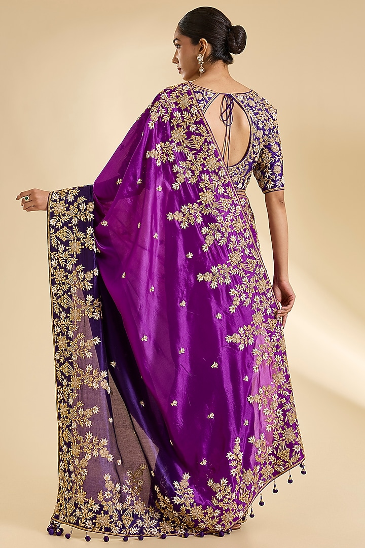 Purple & Magenta Kora Silk Gota-Patti Work Reception Saree Set by SURBHI SHAH at Pernia's Pop Up Shop